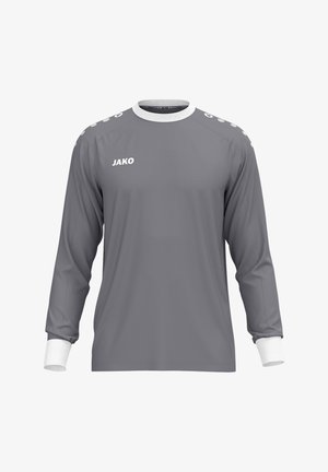 Grijs sportshirt met lange mouwen, witte boorden en kraag, JAKO-logo op de borst en gestipt patroon op de schouders, weergegeven tegen een effen achtergrond.