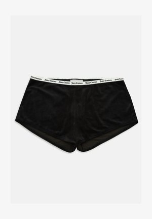 Black boxer shorts made of soft fabric, featuring a white elastic waistband with "Juicy Couture" printed in black. Smooth texture, rectangular shape.