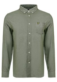 Groene longsleeve shirt van een gestructureerde stof met een button-down kraag, een borstzak en een klein geel logo op de borst.