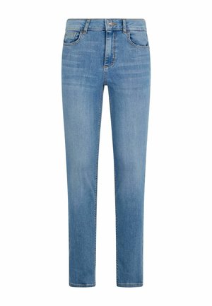 Jean en denim bleu clair, avec une coupe droite, un design à cinq poches et une taille standard avec une fermeture éclair et un bouton.