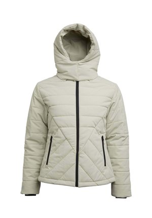 Zateplená bunda světle šedé barvy s kapucí. Má diagonálně prošívaný vzor, přední zip a dvě boční kapsy na zip.