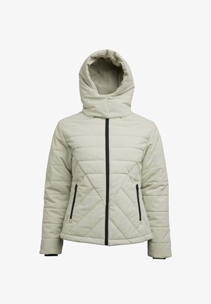 Zateplená bunda světle šedé barvy s kapucí. Má diagonálně prošívaný vzor, přední zip a dvě boční kapsy na zip.