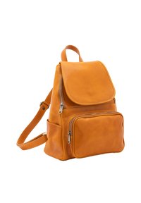 Zaino in pelle marrone con cappuccio, tasca frontale con zip e spallacci regolabili. Texture liscia, design semplice e dettagli hardware minimal.
