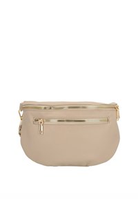 Borsa crossbody in pelle beige con superficie texturizzata, dotata di due zip metalliche dorate e di una tracolla rimovibile per maggiore versatilità.