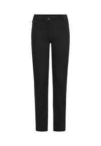 Black straight-leg pants with button closure, belt loops, and a small flap pocket on the right side near the waistband.
