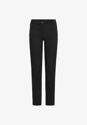 Black straight-leg pants with button closure, belt loops, and a small flap pocket on the right side near the waistband.