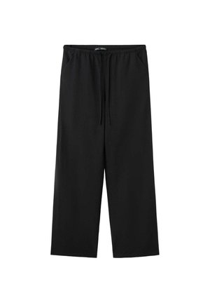 Zwarte broek met wijde pijpen, elastische tailleband en trekkoord, met zijzakken en een losse pasvorm.
