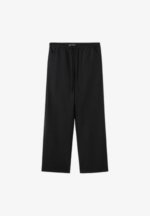 Pantaloni neri a gamba larga con elastico in vita e coulisse, con tasche laterali e vestibilità comoda.