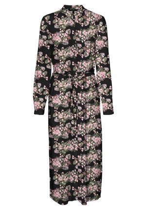 Vestido negro con un estampado floral de flores rosas y hojas verdes, mangas largas, cuello mandarín y cinturón de lazo en la cintura.