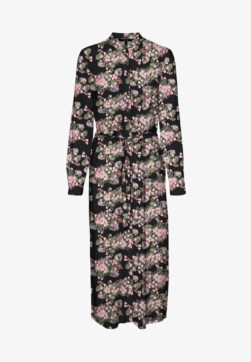 Robe noire avec un motif floral composé de fleurs roses et de feuilles vertes, manches longues, col mandarin et ceinture à nouer à la taille.
