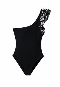 Maillot de bain noir à une épaule avec un accent floral froncé. Fabriqué en tissu lisse, il présente un design élégant et ajusté avec une cuisse haute.