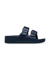 Granatowe, wsuwane sandały wykonane z teksturowanej gumy, z podwójnymi regulowanymi paskami i podeszwą na platformie, z wytłoczonym napisem marki "ROXY".