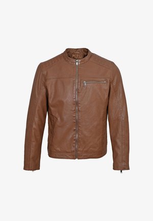 Braune Lederjacke mit Frontreißverschluss, Reißverschlusstasche auf der Brust und gesteppten Schulterdetails.