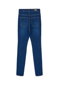 Modré džíny skinny s středním pasem, které mají dvě zadní kapsy a štítek na pásku. Hladká textura a přizpůsobený střih.