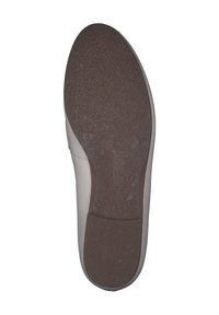 Gabor shoe sole, textured brown rubber with patterned grip, rounded shape, beige upper material, slightly raised heel, embossed logo detail.