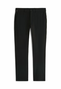 Schwarze Hosen aus glattem Stoff, mit einem Knopf- und Reißverschlussverschluss, zwei Seitentaschen und einem kleinen Logo-Akzent am Bund.