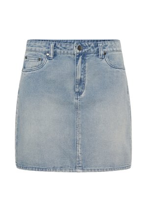 Light blue denim mini skirt with front button and zipper closure, belt loops, and two front pockets.