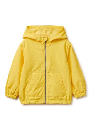 Geel kinderjack met capuchon, ritssluiting aan de voorkant, twee zakken en elastische boorden en zoom.