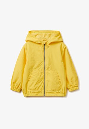 Chaqueta amarilla con capucha para niños, con cremallera frontal, dos bolsillos y puños y dobladillo elásticos.