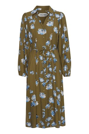 Blumenkleid in Olivgrün mit blauen Rosen, durchgehende Knopfleiste, lange Ärmel und verstellbare Kordel in der Taille. Aus weichem, leichtem Stoff.