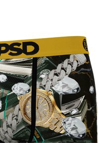 Boxers para hombre con una banda elástica amarilla, que presentan un diseño gráfico de dinero, diamantes y un reloj de oro sobre un fondo negro.