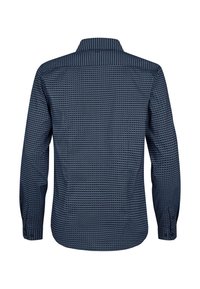 Camicia a maniche lunghe blu navy con piccolo motivo geometrico, polsini con bottoni e colletto classico, vista da dietro.