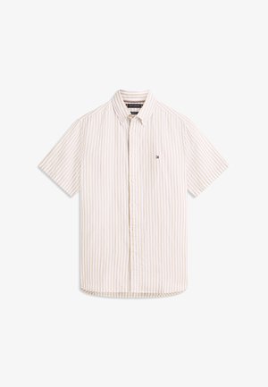 Korte mouwen overhemd met beige en witte verticale strepen en een klein geborduurd logo op de borst.