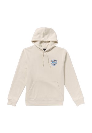 Crème-kleurige hoodie met een grote frontzak, trekkoordcapuchon en een logo patch met palmbomen en golven. Zachte stoftextuur.