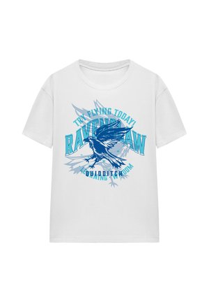 White t-shirt with blue flying raven graphic and text reading "Try flying today! Ravenclaw Quidditch" on front.