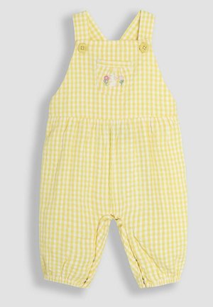 Salopetă galbenă din țesătură gingham cu bretele ajustabile, buzunar frontal cu broderie florală, tiv elasticizat și textură moale din bumbac.