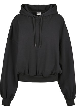 Sweat à capuche noir avec cordon de serrage, coupe ample, manches larges et ourlet côtelé. Fabriqué en tissu doux au toucher lisse.