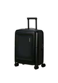 Valigia rigida nera con superficie testurizzata, manico retrattile, quattro ruote e un design elegante. Presenta una finitura opaca scura e motivi sottili.