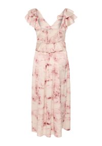 Robe midi rose clair avec manches courtes à volants, corsage smocké, taille peplum et motif marbré rose plus foncé subtil.