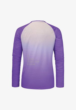 Long-sleeve shirt featuring a gradient design in purple and white, textured fabric, and text that reads "Thanks for the ride" on the back.