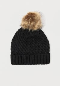 Μαύρο πλεκτό σκουφί με υφή, που διαθέτει μια τανε χνουδωτή μπάλα στην κορυφή και ριμπ στη βάση.