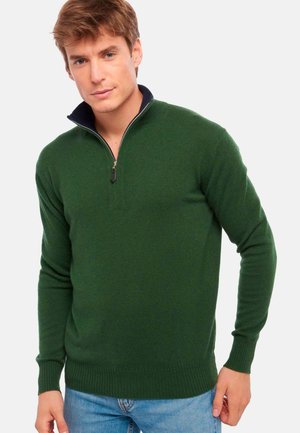 Grüner Strickpullover mit Reißverschlusskragen, ausgestattet mit einem marineblauen Innenkragen, gerippten Bündchen und einem schmalen Schnitt.
