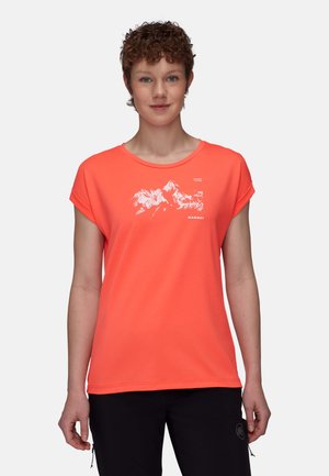 Korallefarbene T-Shirt mit kurzen Ärmeln und einem weißen Berg-Graphic-Druck. Weicher Stoff mit lockerer Passform und rundem Halsausschnitt.