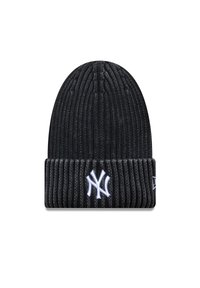 Bejă ribbed din tricot negru cu o manșetă pliată, cu un logo brodat alb al echipei New York Yankees pe partea din față. Material texturat, elastic.