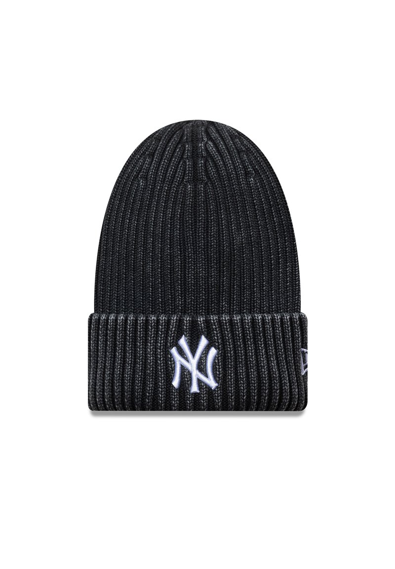 Bejă ribbed din tricot negru cu o manșetă pliată, cu un logo brodat alb al echipei New York Yankees pe partea din față. Material texturat, elastic.
