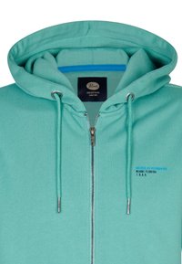 Felpa con zip di colore turchese, con cappuccio regolabile e zip argentata, e interni blu. Presenta testo grafico sul lato sinistro.