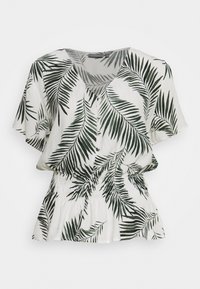 Witte top met groene palmbladprint, korte mouwen, V-hals, knoopdetails en een elastische taille voor een geraffineerd effect.