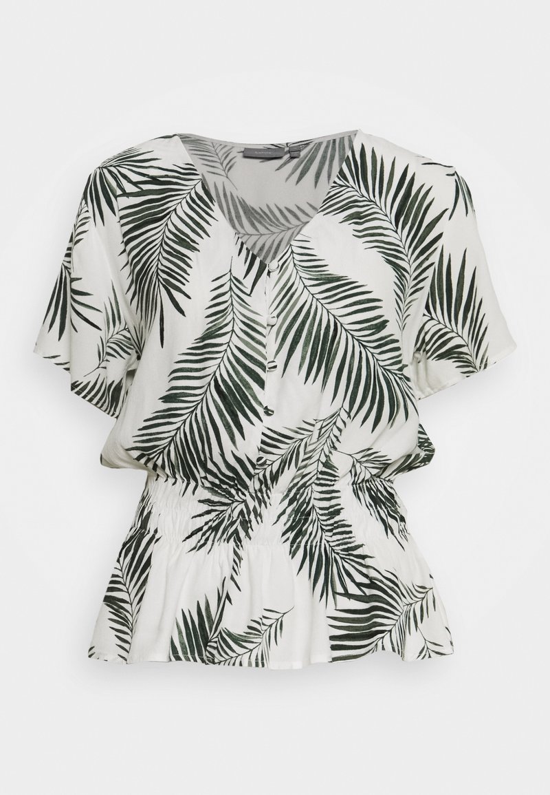 Witte top met groene palmbladprint, korte mouwen, V-hals, knoopdetails en een elastische taille voor een geraffineerd effect.