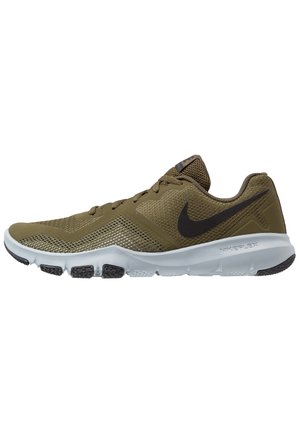 Chaussure de course Nike vert olive avec logo Swoosh noir, tige en mesh, semelle blanche avec patins de grip noirs et marquage NIKEFLEX sur le côté.