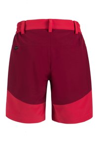 Röda shorts med elastisk midja, med en tvåtondesign med mörkare röd upptill och ljusare röd nertill. Slät textur.