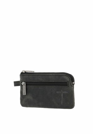 Small black leather pouch with two zippered compartments and a subtle cross embossed on the front side.