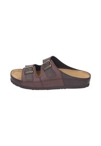 Sandal aperto marrone con due cinturini regolabili a fibbia e una soletta imbottita, progettato per il comfort informale.