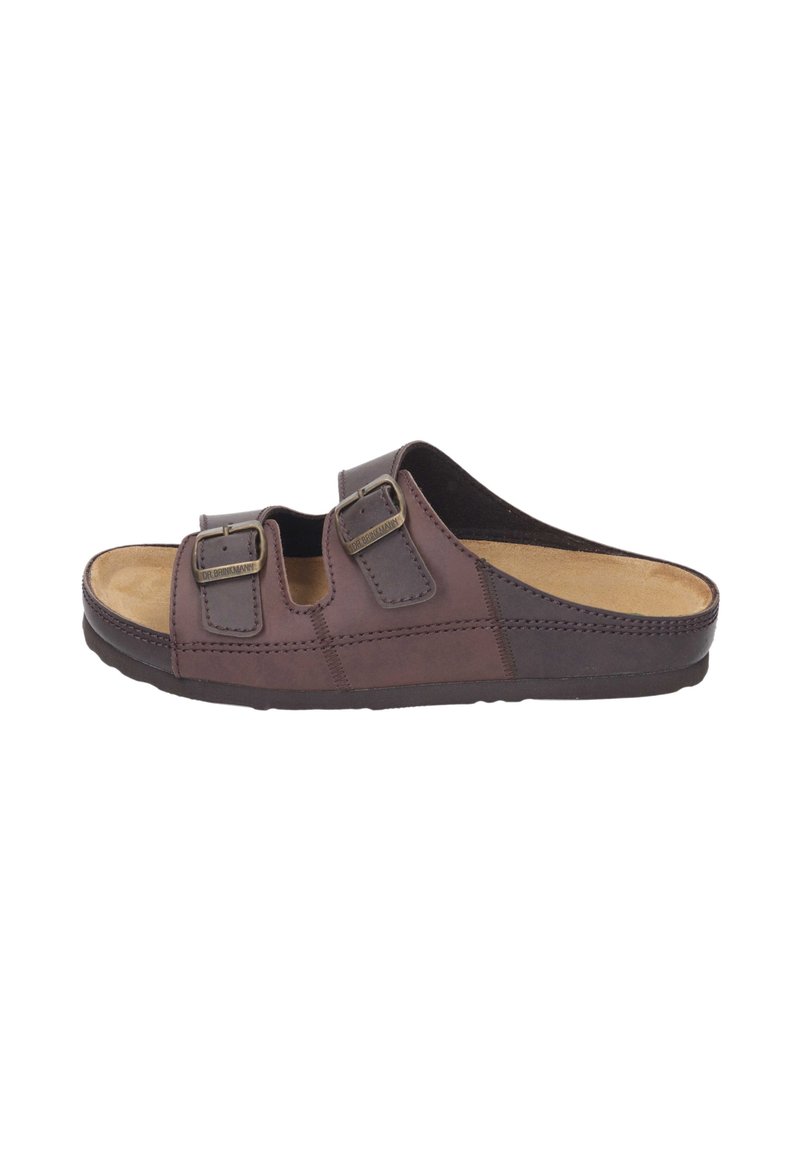 Sandal aperto marrone con due cinturini regolabili a fibbia e una soletta imbottita, progettato per il comfort informale.