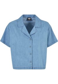 Light blue denim short-sleeve cropped shirt with buttons down the front and a notched collar.