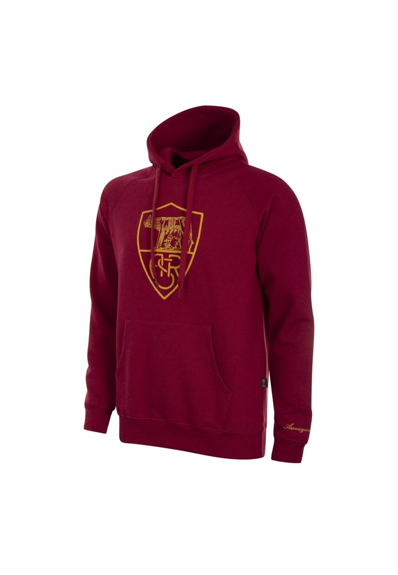 Bordeaux hoodie met een gouden schildlogo, een voorzak en een trekkoord capuchon. Zachte textuur; heeft ribbel cuffs en een ribbelzoom.