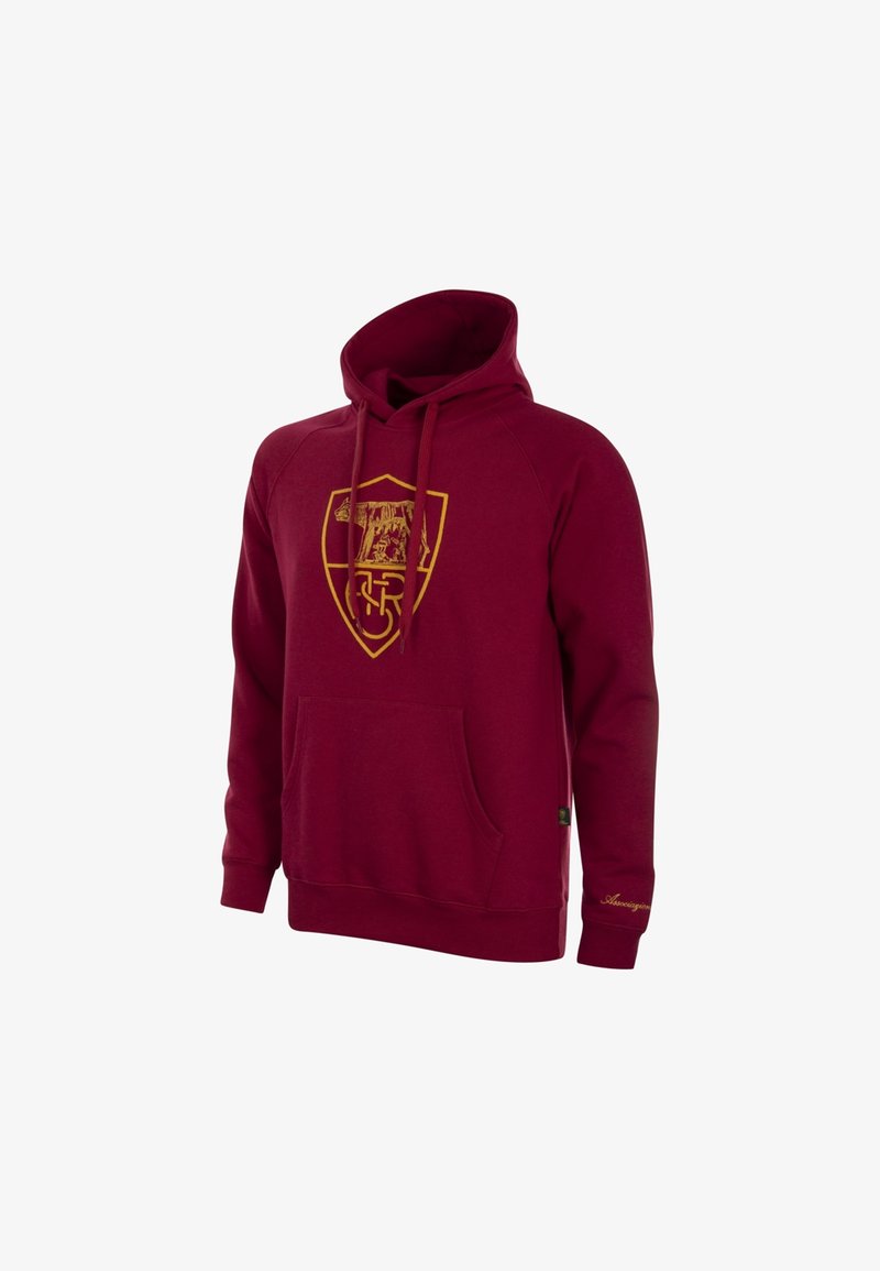 Bordeaux hoodie met een gouden schildlogo, een voorzak en een trekkoord capuchon. Zachte textuur; heeft ribbel cuffs en een ribbelzoom.